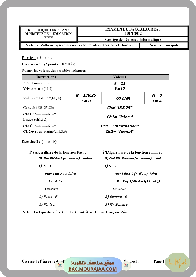 Corrigé principale info Bac 2012 – Section math